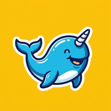 Cute Blue Narwhal Cartoon Whale Illustration with Horn on Yellow Background, Funny Sea Animal Sticker Vector