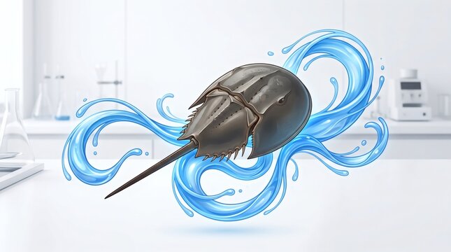 Stylized vector illustration of an Atlantic horseshoe crab surrounded by dynamic blue water splashes in a laboratory environment.
