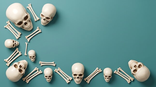 Flat lay composition of human skulls and bones arranged as a decorative border on a teal background