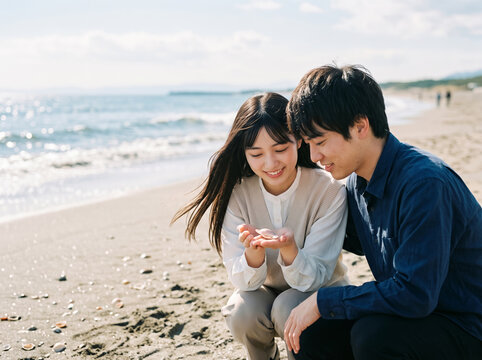 海辺でしゃがんで手に載せた貝殻を見つめるカップル