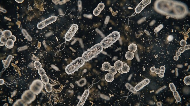 Microscopic view of diverse bacteria and microorganisms floating in a biological environment, highlighting microbial life, cellular structures, and scientific research.
