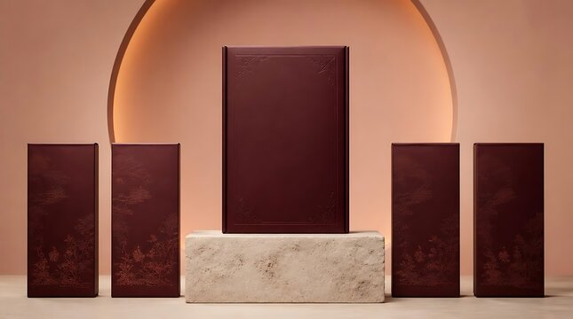 Elegant Dark Red Rectangular Boxes Arranged Artistically on Pedestals.