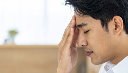 Fototapeta premium Headache and Stress: A young Asian man with his eyes closed touches his forehead, conveying a sense of discomfort and intense headache or mental fatigue.