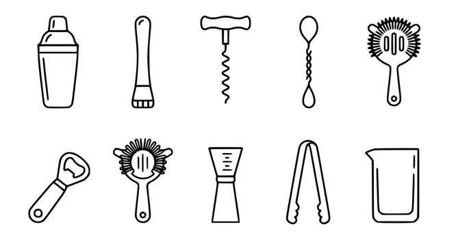 Bartending Tools Icon Set &ndash; Cocktail Shaker, Muddler, Corkscrew and Bar Spoon