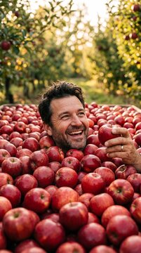Happy joyful man laughing while playfully submerged in a massive harvest of ripe red apples in a sunlit rural orchard