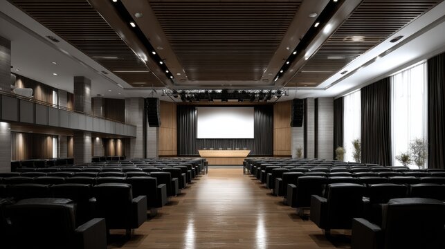 Modern conference hall interior with seating and large screen