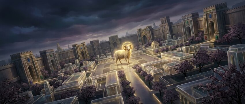 Glowing divine ram standing inside ancient walled futuristic metropolis architecture