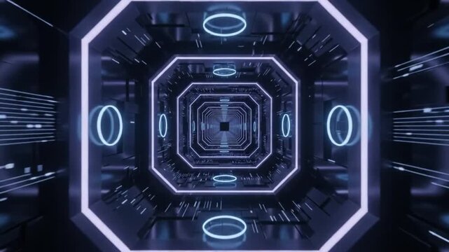 futuristic sci fi neon tunnel loop background cyberpunk digital technology light corridor video motion graphic