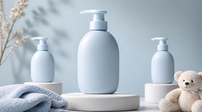 Three light blue pump bottles of liquid soap or lotion with a teddy bear and towel.