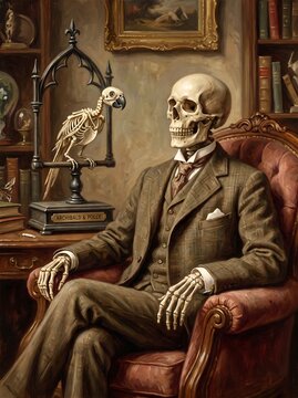 Seated dapper skeleton looking fondly at perfect small skeleton of parrot perched on skeletal bird stand in dark study humorous macabre Halloween wall art print for vintage decor