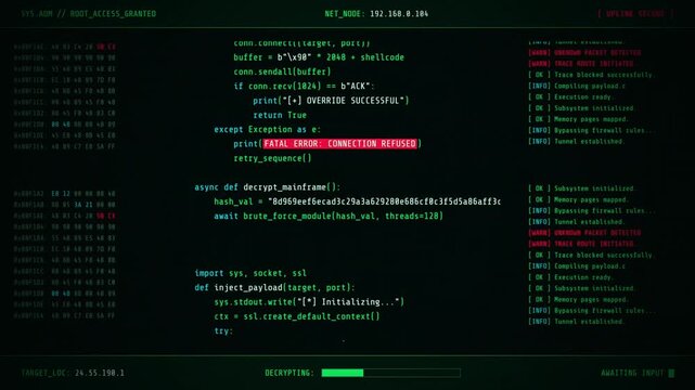 Computer screen displaying lines of programming code with error alerts and system status logs in a dark digital interface with cyber