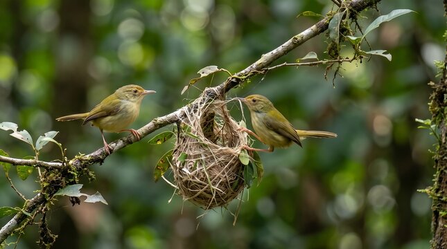 Pair of Common Tailorbirds building a nest together on a tree branch in tropical forest
