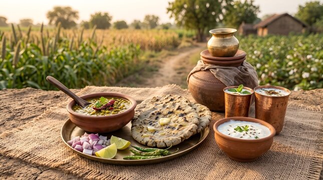 Traditional Indian village food with bajra rotla and buttermilk in a farm background
