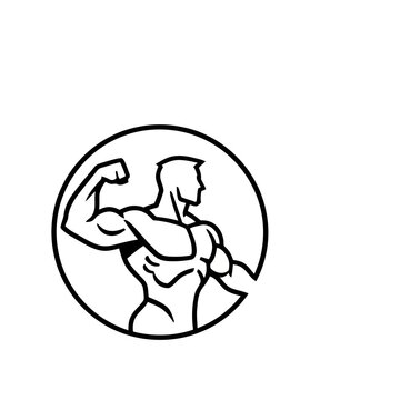 Bodybuilder flexing muscles in a circle logo