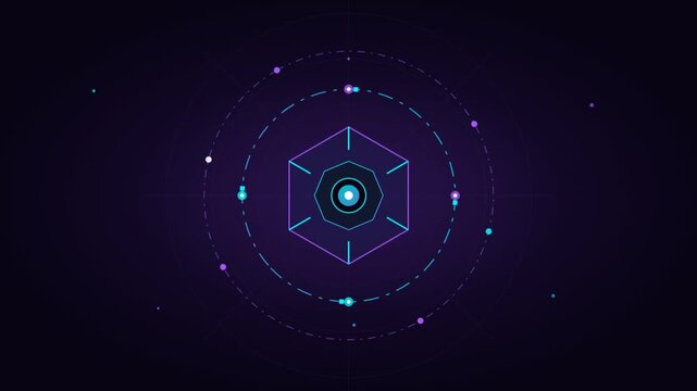 Abstract techno hexagon visualization with orbiting particles.