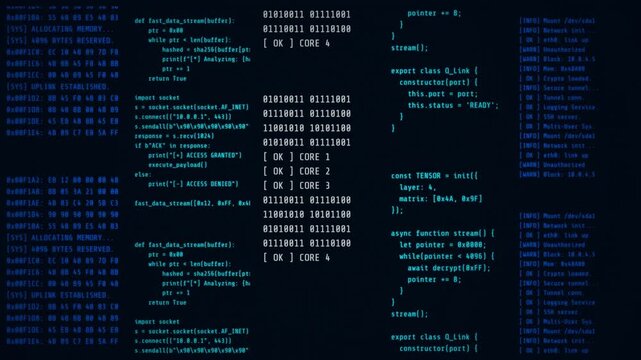 Computer screen displaying scrolling programming code and binary data streams in a dark digital environment with lines programming