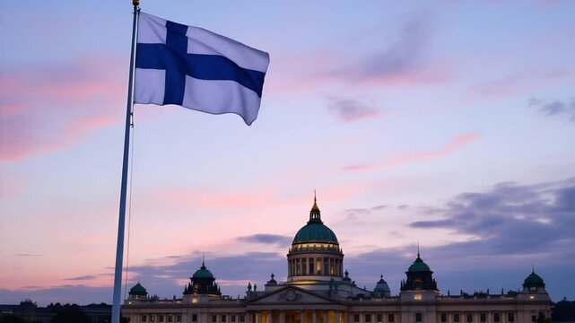 Finnish flag flying before a historic dome building at dusk