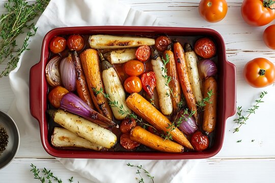 Roasted root vegetables in red baking dish with tomatoes and herbs