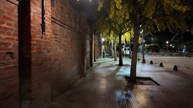 Motion walking shot along the tree lined sidewalk next to the brick wall of Recoleta Cemetery in Buenos Aires, Argentina