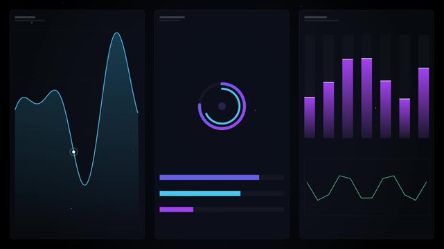 Futuristic loading interface featuring a glowing circular progress indicator, colorful bars and dynamic data visualization.