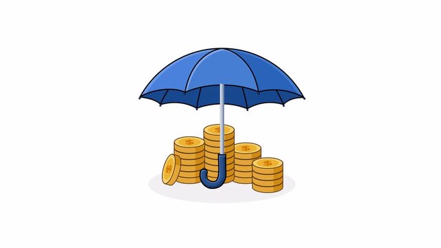 Flat 2D vector animation of an umbrella protecting gold coins, symbolizing financial security and savings, alpha channel transparent background.