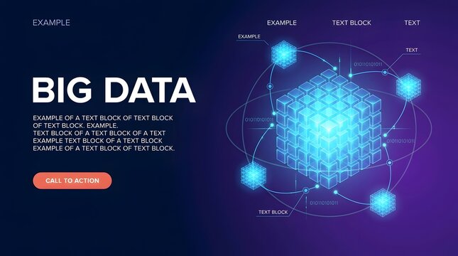 Big data visualization with glowing blue cubes and network connections