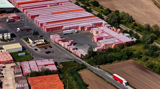 Aerial view of stacks of red bricks stored in an industrial yard with trucks and factory buildings in Konin, Wielkopolskie, Poland.