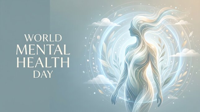 World Mental Health Day Banner with Ethereal Glowing Woman Silhouette, Symbolizing Inner Peace, Mental Wellness, and Spiritual Healing Awareness
