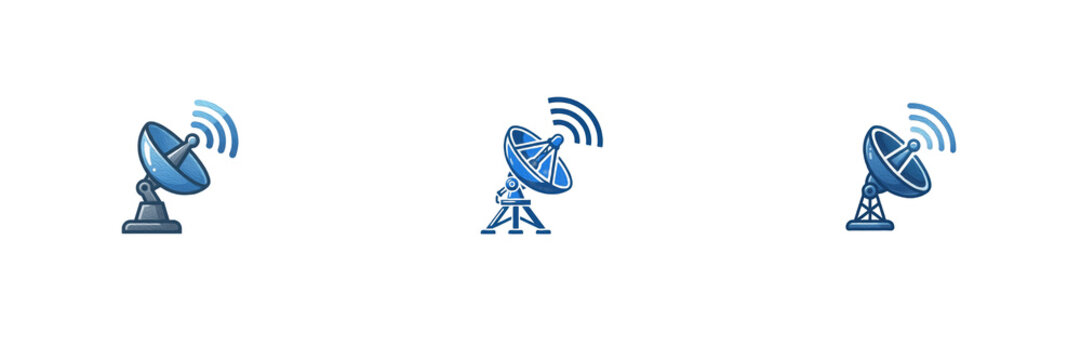 Set of Blue Satellite Dishes and Radar Antennas with Signal Waves Isolated on White Background Transparent PNG Vector Illustration