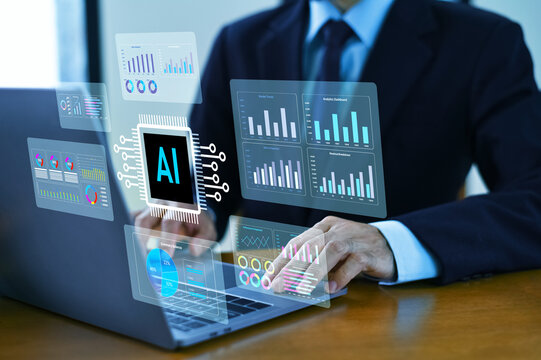 Businessman using laptop with AI-powered holographic dashboard analyzing sales data and financial growth graph chart report.