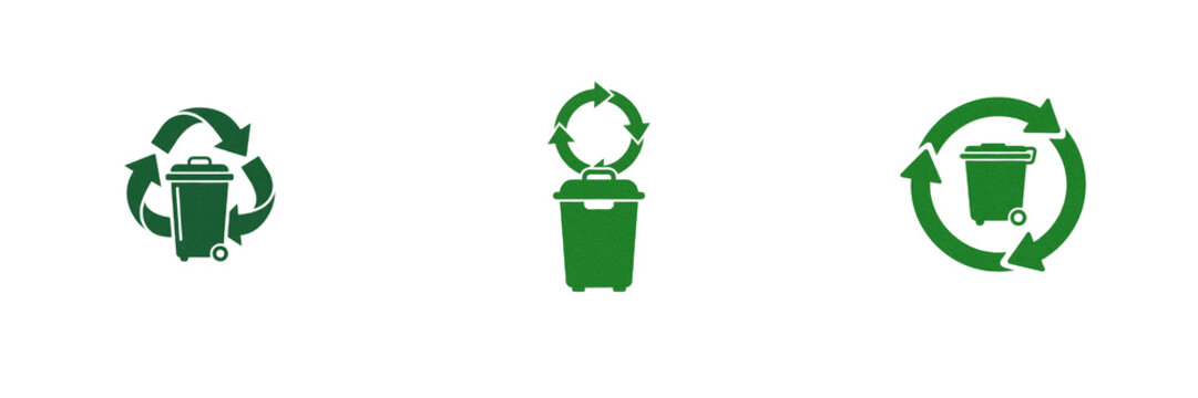 Set of Green Recycle Bins and Waste Management Icons with Arrow Symbols Isolated on White Background Transparent PNG Vector Illustration