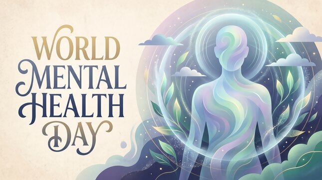 World Mental Health Day Artistic Illustration with Ethereal Human Figure Aura and Botanical Elements for Wellness Awareness and Psychological Support