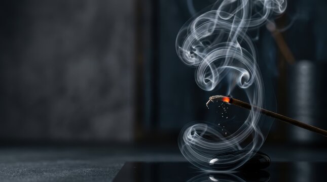 Macro burning incense stick with spiraling smoke trail on minimalist dark background
