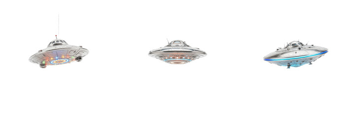 Set futuristic flying saucer UFO spaceship sci-fi extraterrestrial vessel metallic craft interstellar flying machine cosmic transport vehicle alien saucer tech © laskhar