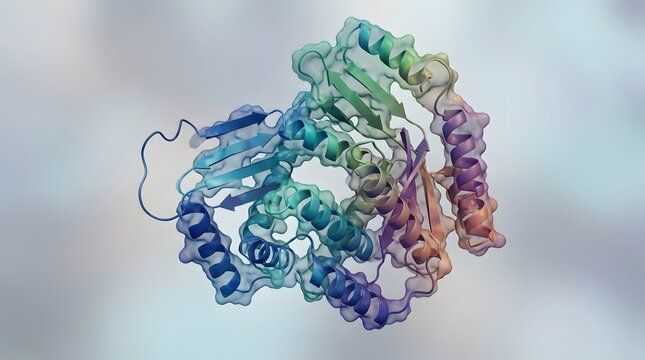 Colorful 3d protein molecular structure model floats on light background