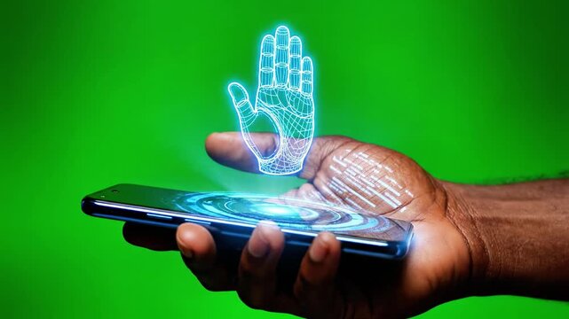 Hand holding phone with 3D wireframe holographic display.