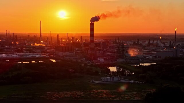 Aerial view of ORLEN Plock Production Plant with industrial chimneys and smoke plumes under a vibrant sunset sky in Plock, Wojewodztwo mazowieckie, Poland.