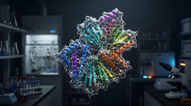 Protein molecular structure floating in a modern science laboratory
