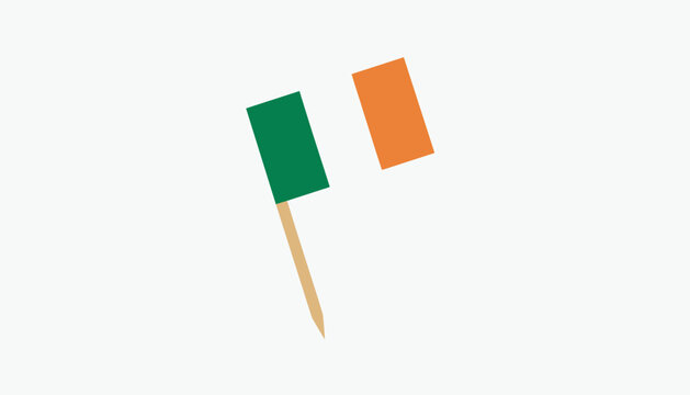 Simple national flag of Ireland on a light brown wooden tooth pick stick isolated on white background.