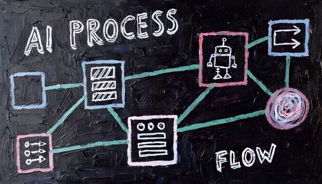Artificial Intelligence Process Flow Chart Hand Drawn on Black Background