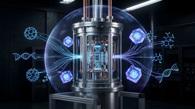 Futuristic quantum reactor processing molecular data in a dark lab
