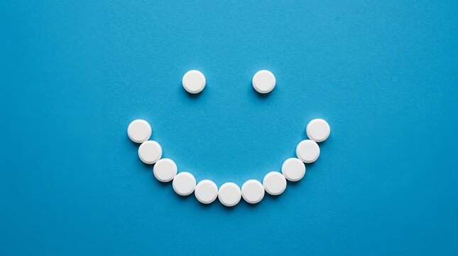 White medicine pills arranged in smiley face on blue.