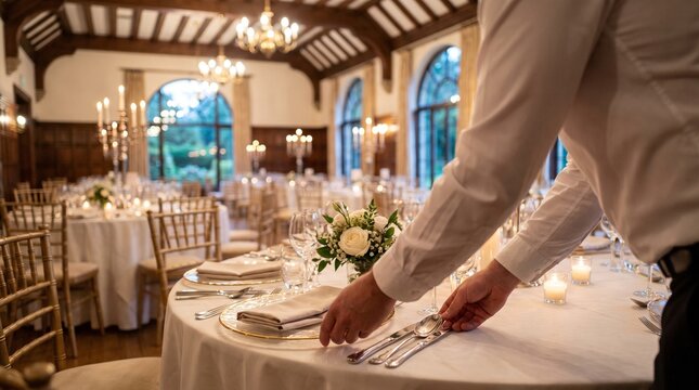 Banquet waiter hands, elegant table setting with flowers and glassware, arranging silver cutlery, luxury wedding hall, event photography