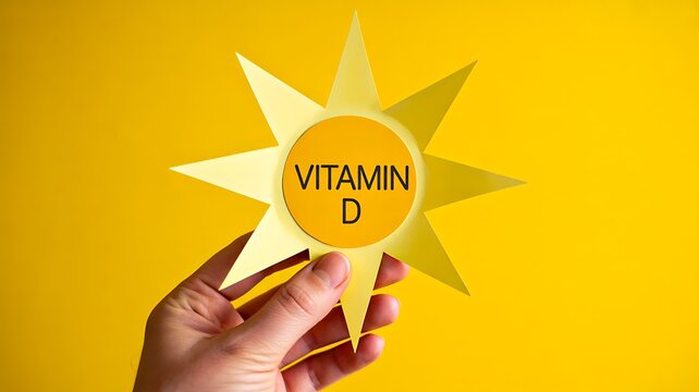 Hand holding vitamin d label against bright yellow sun-shaped background