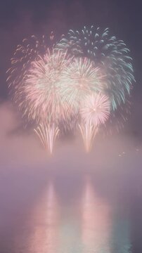 Pastel Fireworks over Misty Lake Generative AI
