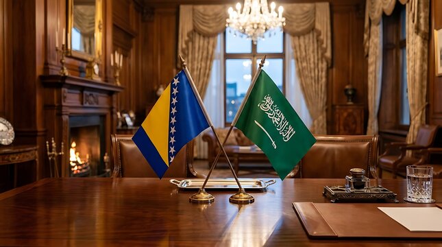 Bosnia and Herzegovina and Saudi Arabia National Flags on an Elegant Wooden Desk for Diplomacy