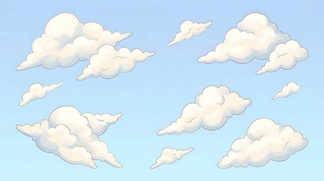Set of fluffy white clouds in hand-drawn cartoon anime style isolated on light blue sky background