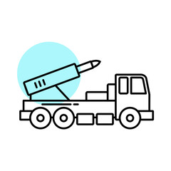 Naklejka premium Mobile Missile Launcher Truck Icon Featuring a Single Angled Rocket Mounted on a Flatbed Chassis, Representing Field Artillery, Strategic Defense, and Long Range Firepower