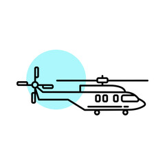 Naklejka premium Military Helicopter Icon Featuring an Overhead Rotor Blade, Tail Boom, and Passenger Cabin, Representing Air Transport, Rescue Missions, and Battlefield Tactical Support