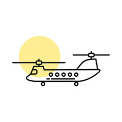 Naklejka premium Twin Rotor Military Helicopter Icon Featuring Two Overhead Blades and an Elongated Cargo Cabin, Representing Heavy Lift Transport Aviation and Logistics Support